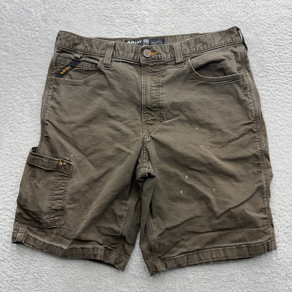 Ariat Rebar M4 Relaxed Men 34 Work Shorts Olive Green Canvas Cargo Utility